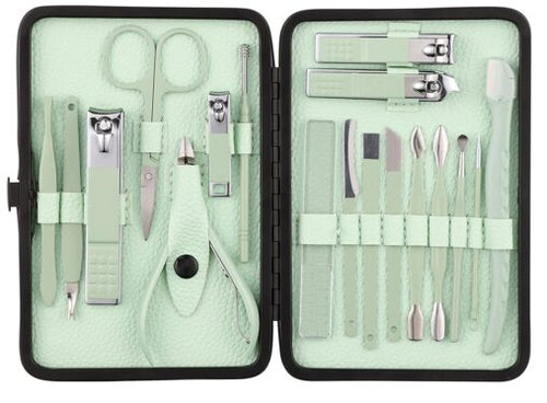 Nail Cutter Set, 18 Pieces Grooming Kit (Eyebrow Razor, Tweezer, Hair Plucker, Baby Nail Cutter, Ear Cleaner,Nail Cleaner,) Pedicure Gift for Men and Women, Green