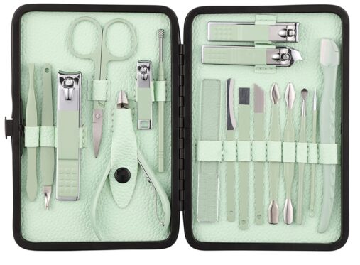 Nail Cutter Set, 18 Pieces Grooming Kit (Eyebrow Razor, Tweezer, Hair Plucker, Baby Nail Cutter, Ear Cleaner,Nail Cleaner,) Pedicure Gift for Men and Women, Green