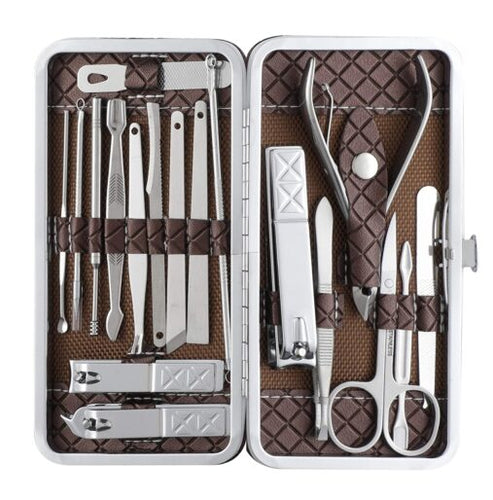 18 Pieces Manicure Kit, Pedicure Tools for Feet, Nail Clipper, Ear Pick Tweezers, Manicure Pedicure Set for Women and Men, Brown