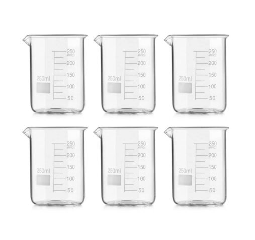 High Quality Borosilicate 3.3 Glass Beakers – 250 ml 6 pcs with Graduation Marks, Pack of 6