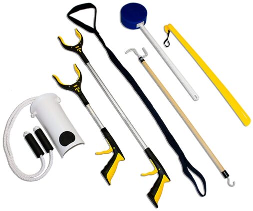 7-Piece Hip Knee Replacement Kit with Leg Lifter, 19 and 32 inch Rotating Reacher Grabber, Long Handle Shoe Horn, Sock Aid, Dressing Stick, Bath Sponge – Ideal for Knee or Back Surgery Recovery