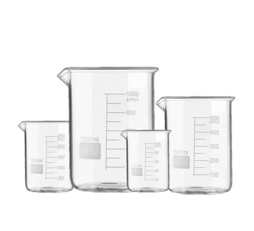 High Quality Borosilicate 3.3 Glass Beakers – Beakers – 100 ml, 250 ml, 500 ml, 1000 ml, Pack of 4