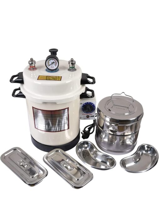 Autoclave Sterilizer Electric with timer & 8×8 Sterilizer Dressing Drum, Instrument Tray 8×3 (2 pc.), Kidney Tray 8 Inch (2 pc.) Heavy Duty in Epoxy Finish 13L (Size 11×9 inch)