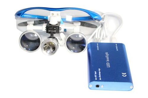 Dental Power Dental Binocular Loupes 3.5 X 420mm + LED Head Light Lamp +Aluminum Box (Blue)