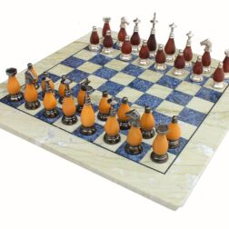 15" X 15″ Collectible Chess Game Board Set Made with Australian Marble,  Lapiz Lazuli + Brass Wooden Pieces