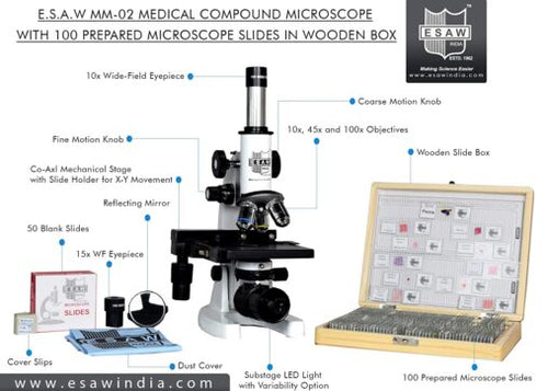 Compound Medical Microscope with 100 Prepared Microscopes Slides for Students (Magnification: 100X to 1500X)