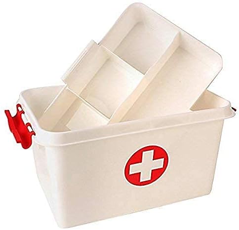 SPANCARE PHARMACEUTICALS Portable Double Layers Cabinet First Aid Kit Box Household Plastic Pill Storage Box with Detachable Tray and Handle