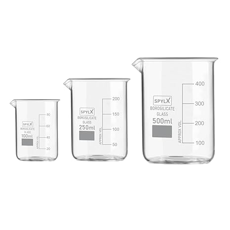 Borosilicate 3.3 Glass Beakers - 100 ml, 250 ml, 500 ml, Pack of 3