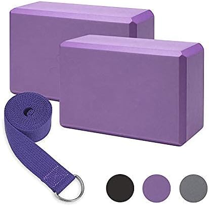 High Density EVA Foam Yoga Block with Yoga Belt to Support and Deepen Poses, Improve Strength and Aid Balance and Flexibility - (2 Pieces)