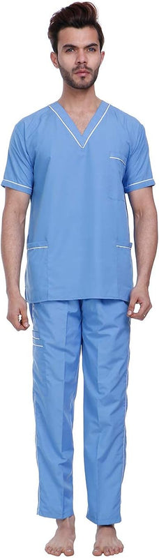 SPANCARE PHARMACEUTICALS Unisex Scrub Suit set with piping V-Neck 3 Pocket Top and Cargo Type Trouser (Ocean Blue)