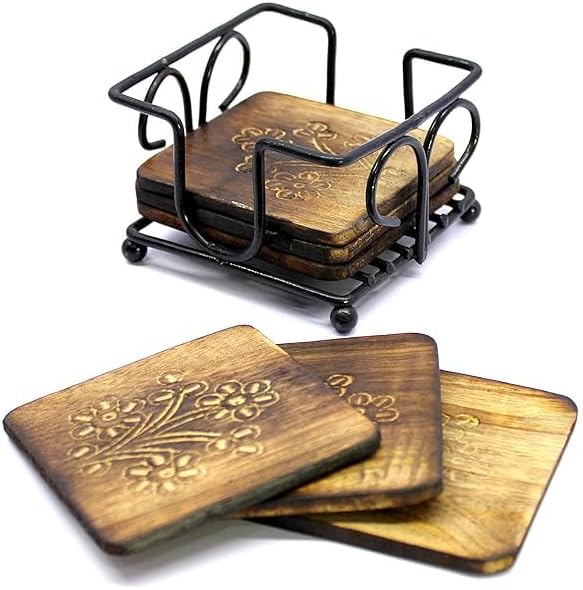 Wooden Tea and Coffee Coasters Set with Wrought Iron Holder, Rustic Vintage Design