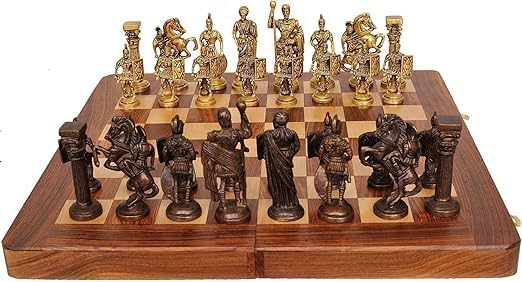 Roman Brass Chess Set with Wooden Board, 2 Players, Brown