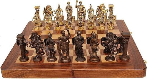 Roman Brass Chess Set with Wooden Board, 2 Players, Brown