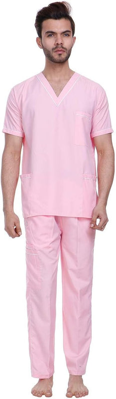SPANCARE PHARMACEUTICALS Unisex Scrub Suit set with piping V-Neck 3 Pocket Top and Cargo Type Trouser (Pink)(PACK OF 5)
