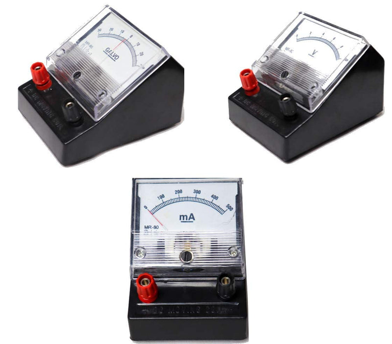 spancare pharmaceuticals Analog dc Voltmeter 10 Volt+Ammeter 500ma+Galvanometer 30-0-30 Volt for lab Desk Stand Type Education Purpose School Colleges (Pack of 3)
