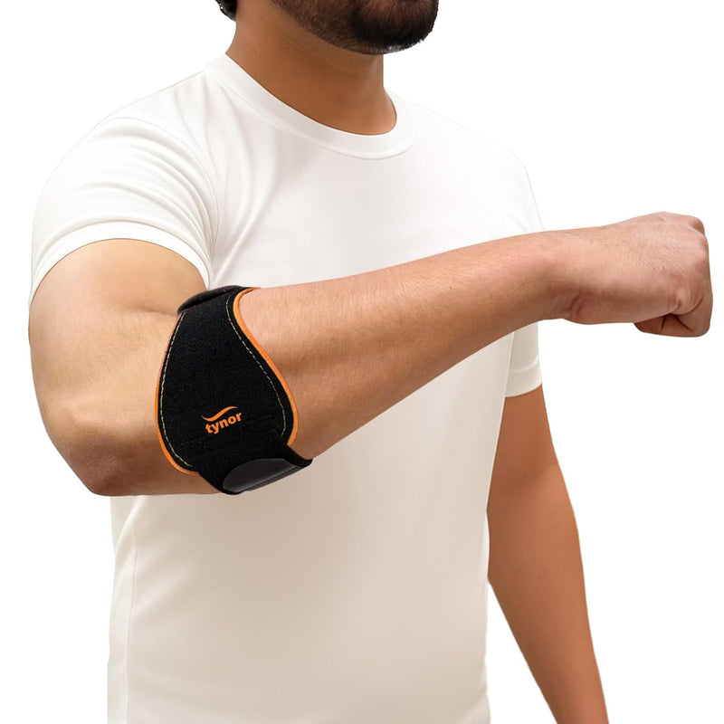 Tennis Elbow Support Pro for Men & Women, Tennis & Golfer's Adjustable Elbow Strap with Compression Pad Elbow Arm Band for Tendonitis Forearm Brace Straps Universal, Black & Orange, 1 Unit