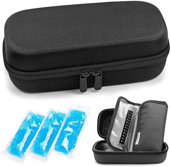 Insulin Pen Travel Safe Cooler ice Bag Hard eva case with 3 Cooler Ice Pack (Black)