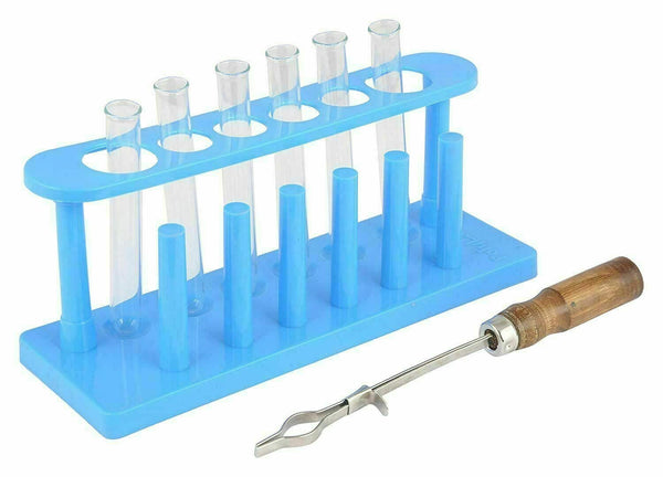 "Small Test Tubes 4x1/2"" (6 pcs) with Plastic Test Tube Stand (Blue) and Borosi