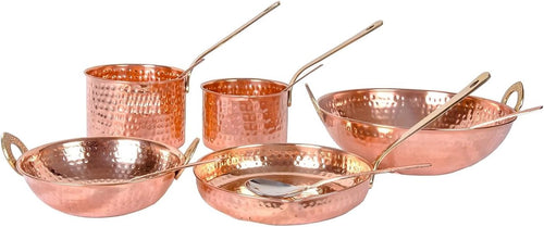 Pure Cookware 10 Piece Set with Serving Spoon (Sauce Pan | Copper Kadhai Set | Copper Fry Pan) with Brass Handle for Cooking Purpose