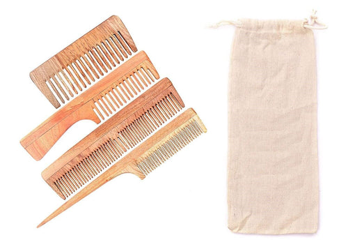 Spancare Neem Wood Anti-Dandruff Comb with Pure Cotton Pouch - Family Kit (Pack of 4)