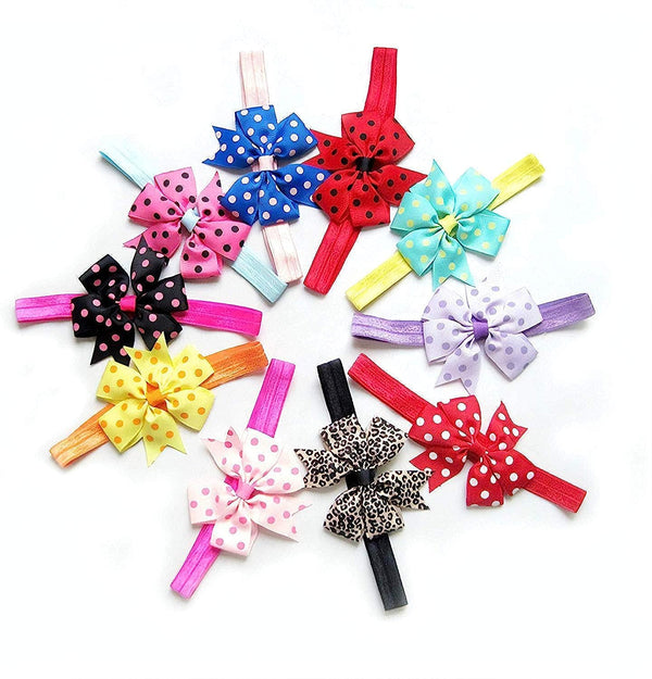 Chiffon Satin Lace Ribbon Boutique, Elastic Bow knot Head Band for Girls, Pack of 10 - Multicolour