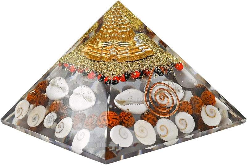 Laxmi Pyramid Original Certified Gomati Chakra, Rudraksha, Cowrie Kodi Maha Laxmi Pyramid - 90mm Large Orgonite Pyramid with Shree Yantra - Pooja Vastu Items for Home for Good Luck, Money & Wealth