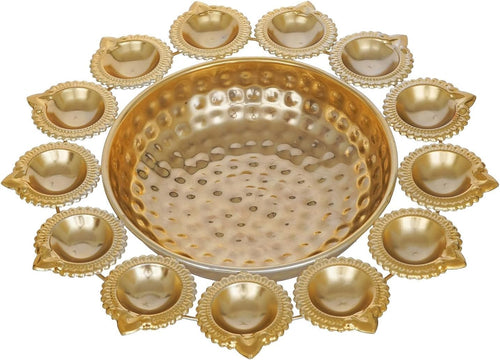 Diya Shape Flower Decorative Urli Bowl for Home Handcrafted Bowl for Floating Flowers and Tea Light Candles,Office and Table Decor| Diwali Decoration Items (14 Inches), Gold
