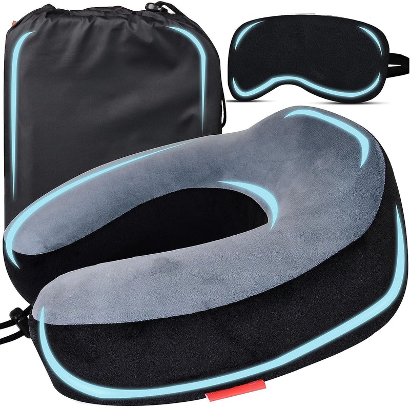 Travel Neck Pillow Memory Foam with Eye Mask and Carry Bag Combo for Travel in Flight car Train Airplane Sleeping for Men and Women (Grey Black)